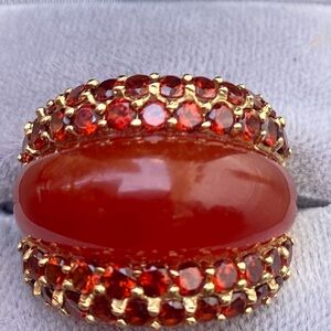 Large Jadeite Jade and Garnet 14k solid gold Vintage Cocktail Ring, size 8